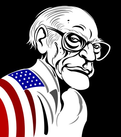 Arthur Miller, Amerikaanse toneelschrijver (1915-2005); zwart-wit - kleurenkarikatuur, gehuld in Amerikaanse vlag door Neale Osborne